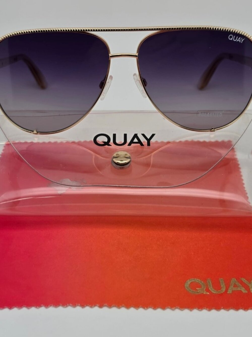 Quay Australia High Key Luxe Gold Frame Polarized Purple Lens Aviator Sunglasses